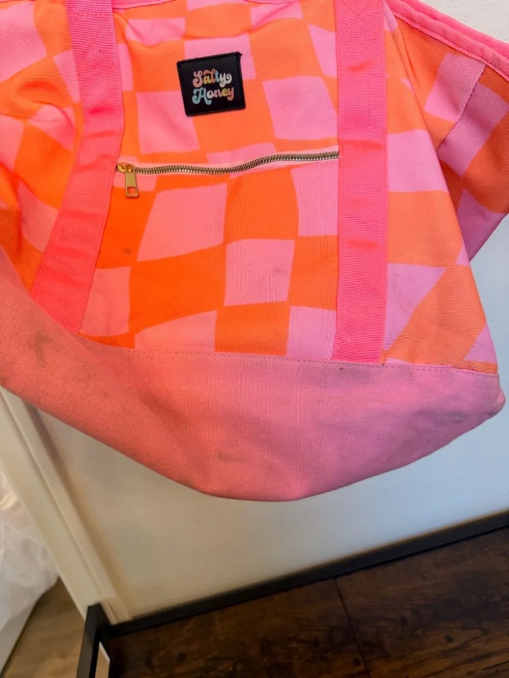 Pink & Orange SALTY HONEY Checkered Tote Bag - Picture 2 of 4
